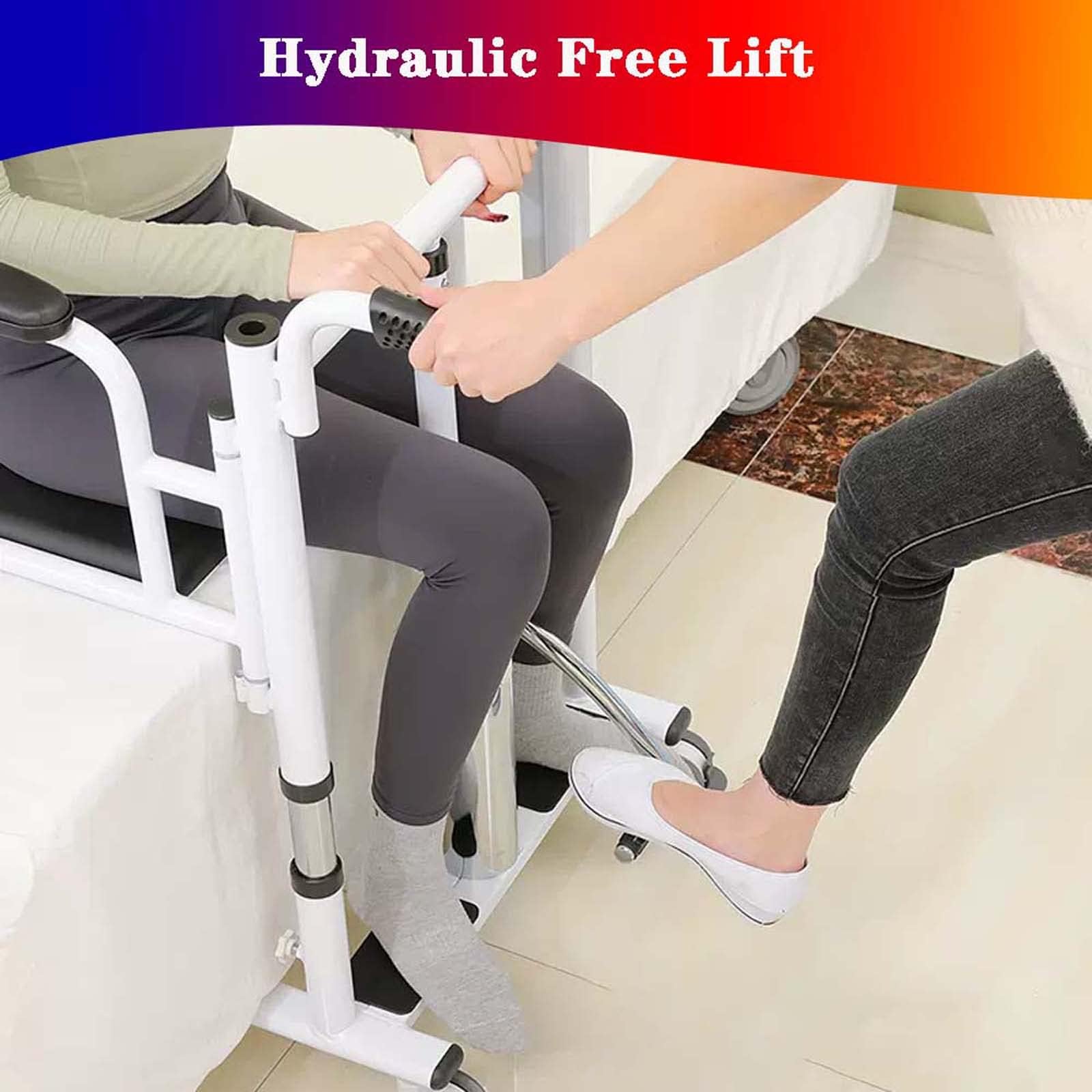Hydrauliczny podnośnik pacjenta – fotel transferowy 5 w 1 z dzielonym siedzeniem 180°, nocnikiem i stołem tacowym, nośność do 150 kg, idealny do opieki nad osobami starszymi i bezpiecznego transferu