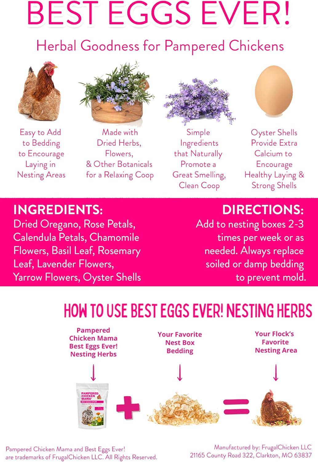 Pampered Chicken Mama Best Eggs Ever! Nesting Herbs for Chickens (4 Pounds) Calcium Supplement for Chickens | Chicken Feed Supplies, Hen Treats for Coops