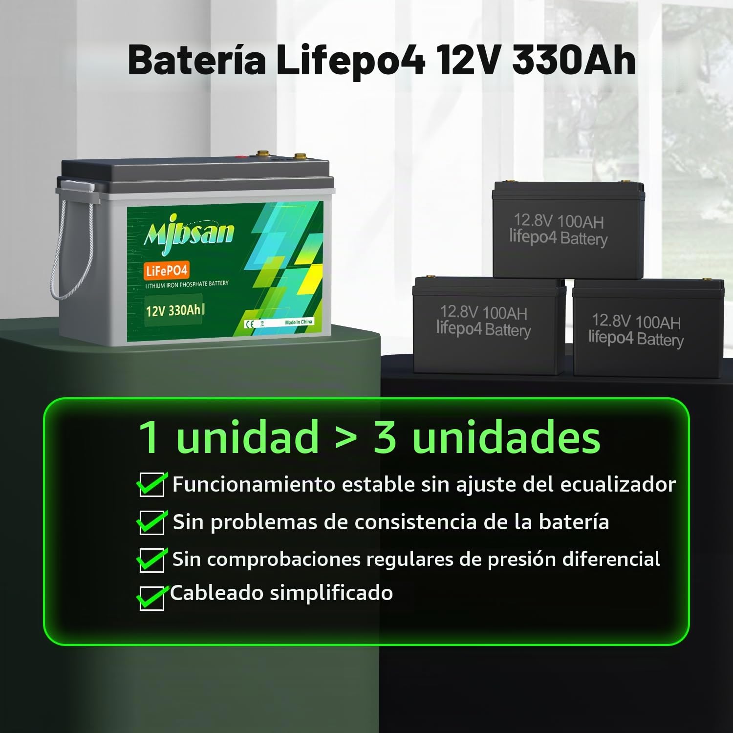 Mjbsan Batería de litio LiFePO4 de 12 V 330 Ah con energía de 4224 Wh, 200 A BMS incorporada, potencia de carga máxima de 2560 W, vida útil de 10 años de hasta 15,000 ciclos, para campamento de