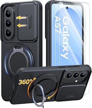 AOUIA for Samsung A57 5G Phone Case with 2 Pack Screen Protector, Military Protection Shockproof Samsung Galaxy A57 Phone Case with Slide Camera Cover & 360  Rotating Kickstand, Black