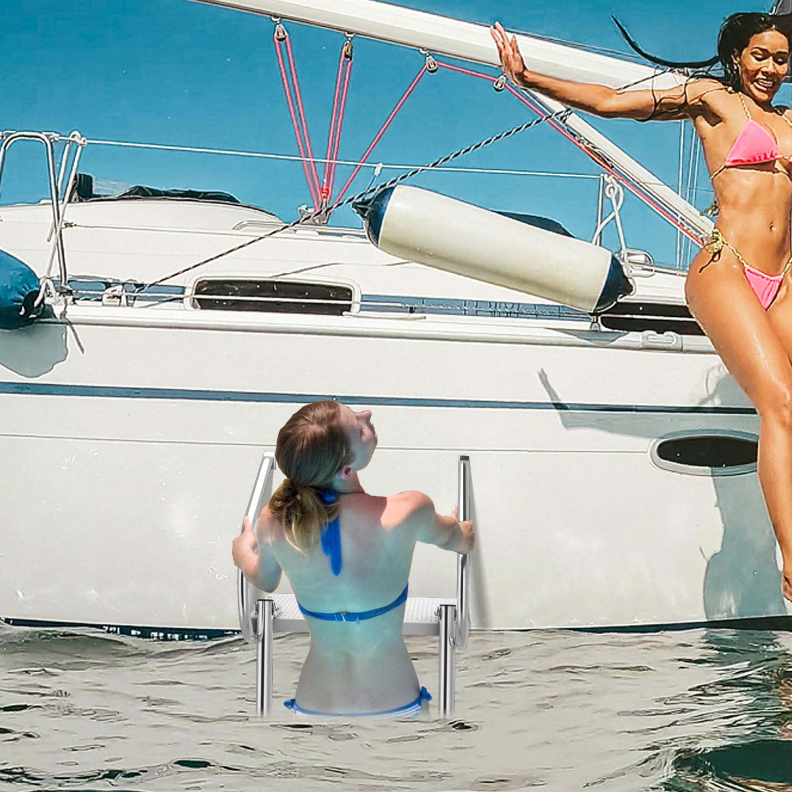 COSTWAY Badeleiter Boot, Poolleiter mit 3 Stufen, Handlauf & Plattform, klappbare Bootleiter aius Edelstahl, Schwimmbadleiter bis 227 kg belastbar für Yachten