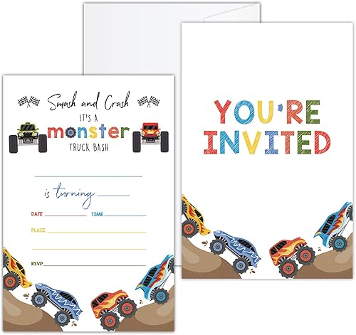 Invitaciones de cumpleaños, invitaciones de fiesta de cumpleaños de Monster Truck para niños y niñas, invitaciones de fiesta de cumpleaños de coche