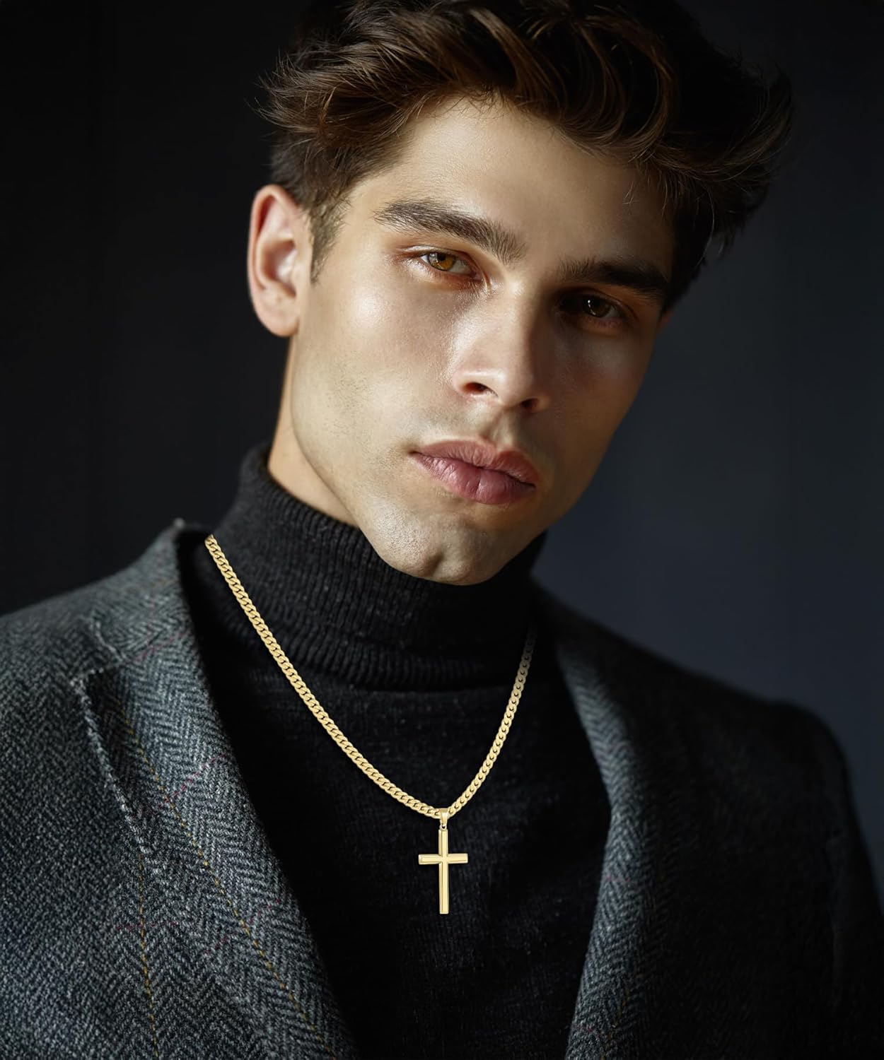 S925 Sterling Silver / 14K Gold Plated Beveled Edge Cross Necklace for Men Women with 5mm Diamond Cut Cuban Link Chain, Fashionable Men's Crucifix Pendant Chain Necklaces 16-30 Inches - Image 2