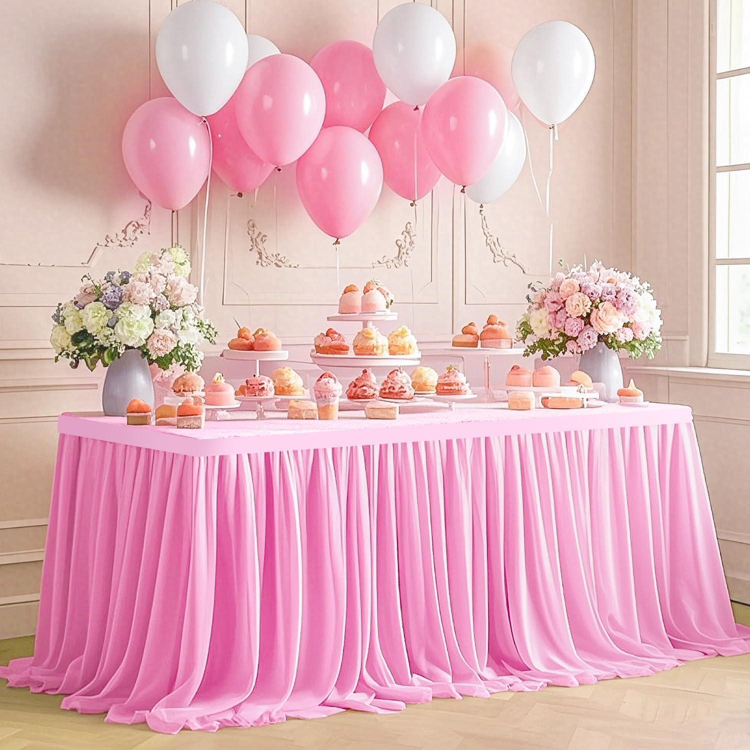 Pink Table Skirt for Rectangle Tables 9FT Long 2 Layer Tulle Table Skirts Floating Chiffon Tables Skirt for Rectangle Round Desk for Wedding Bridal Baby Shower Party Decorations