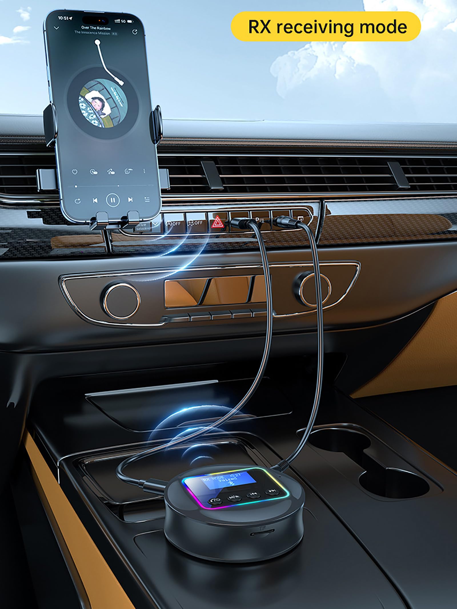 WYYHAA RGB Bluetooth 5.4 Audio Transmitter Receiver, 3-in-1 USB C Powered Wireless Audio Adapter with LCD Display AUX RCA Input for Car Speakers Home Stereo System