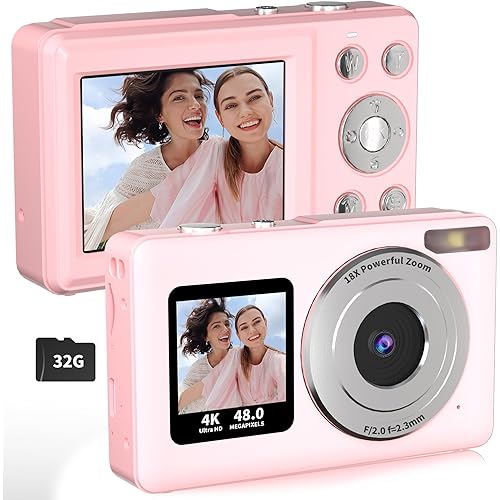 Digital Camera,FHD 4K Point and Shoot Camera with 32G Card, 48MP Autofocus Kids Camera with Dual-Creen,Portable Compact Camera with 18X Zoom Anti Shake Flash Light,Cameras for Kids Teens