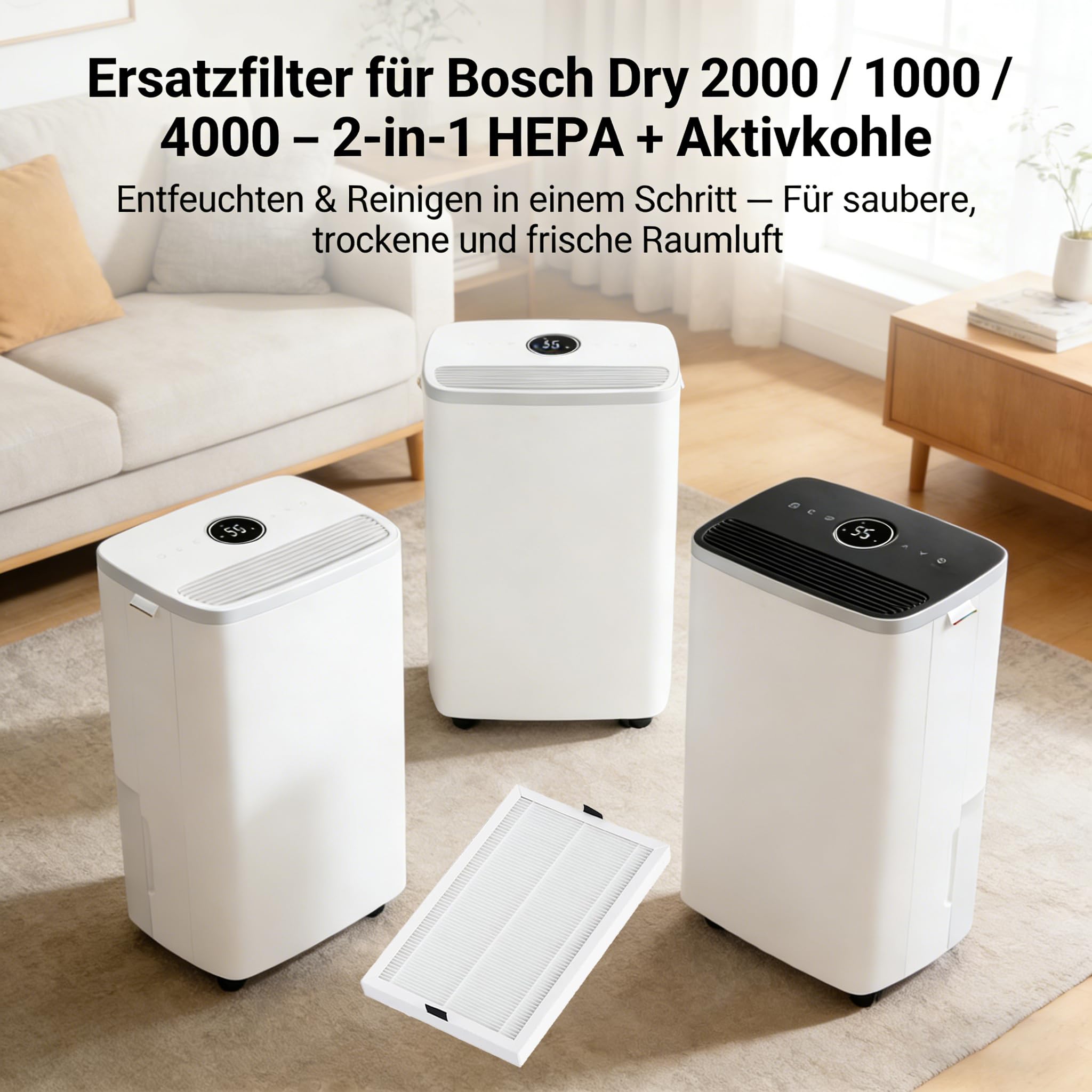 Dry 2000 - Filtro di ricambio per deumidificatore Bosch Dry Series 2000/1000/4000 con funzione di purificazione dell'aria | 3 pezzi 2 in 1 HEPA + filtro a carbone attivo | Durata 3-6 mesi | Bianco