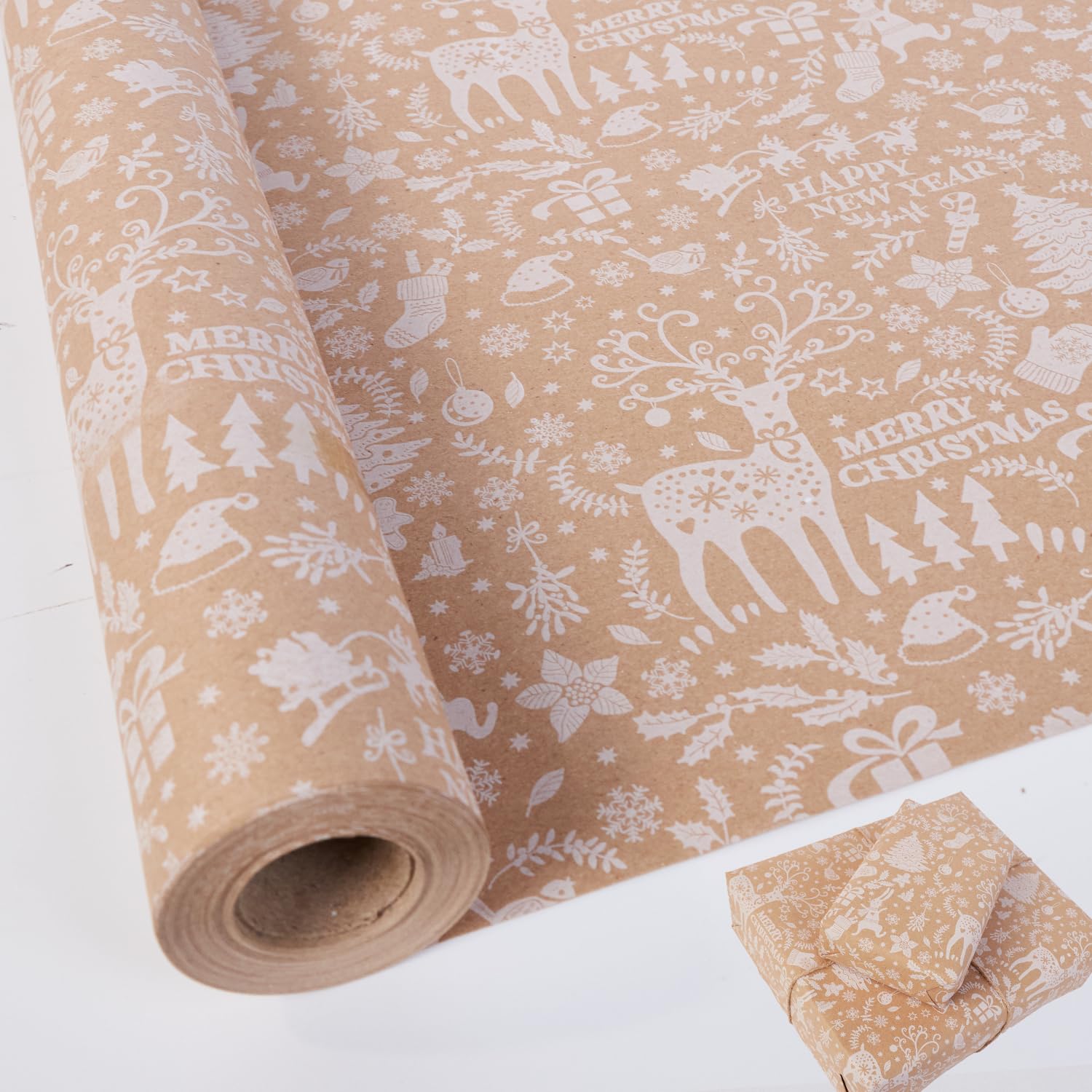Christmas Wrapping Paper Roll,43cm x 10m Kraft Christmas Wrapping Paper,Brown Gift Wrap paper for Xmas Gift Wrap,New Year,Birthday,Holiday (white elk)