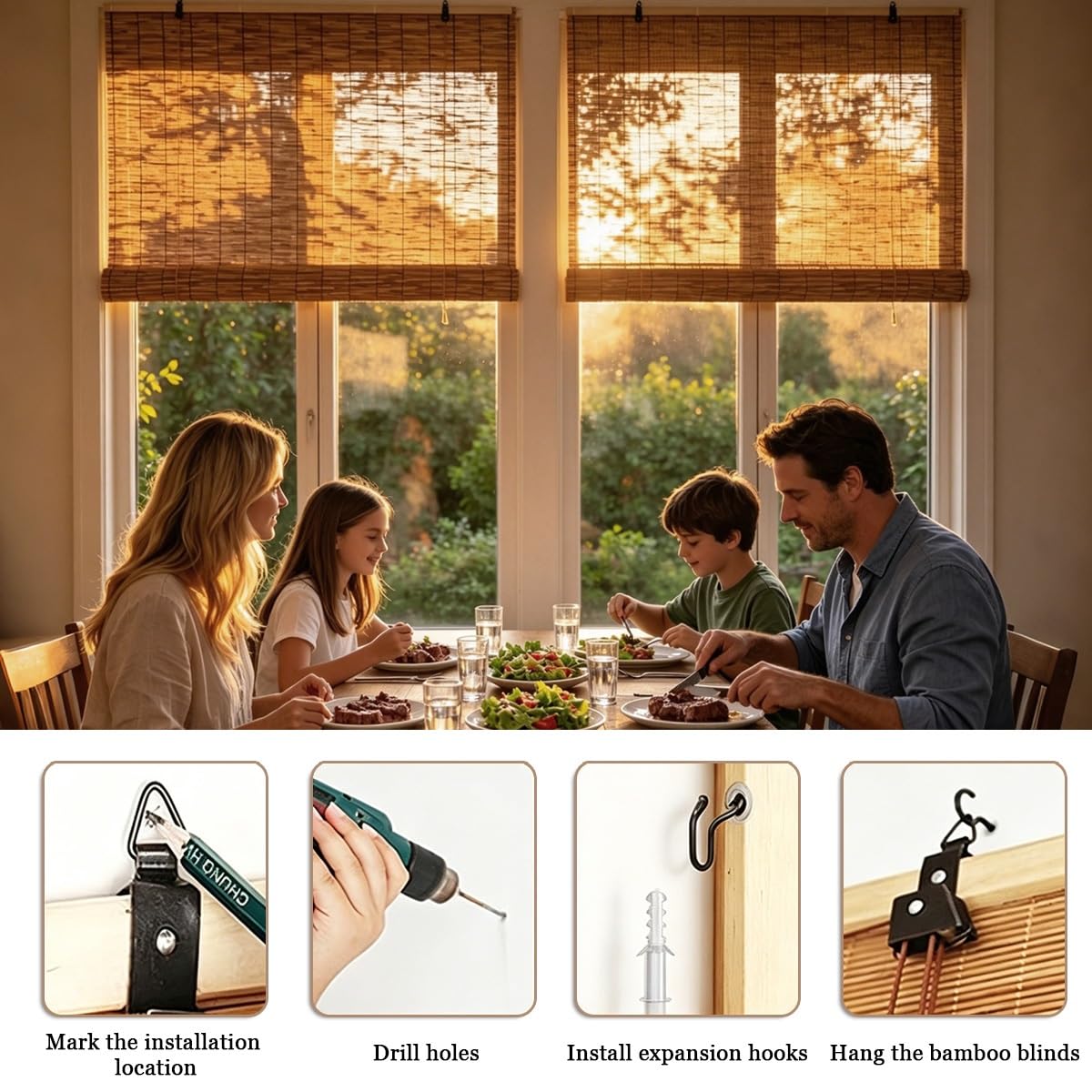 Store Enrouleur Bambou sans Percage, Rideau Bambou Exterieur Interieur, Rideau de Roseau Occultants À 70%, Naturel Stores Enrouleurs Bambou pour Fenêtres Véranda Pergola Balcon(W160 cm x H200 cm)