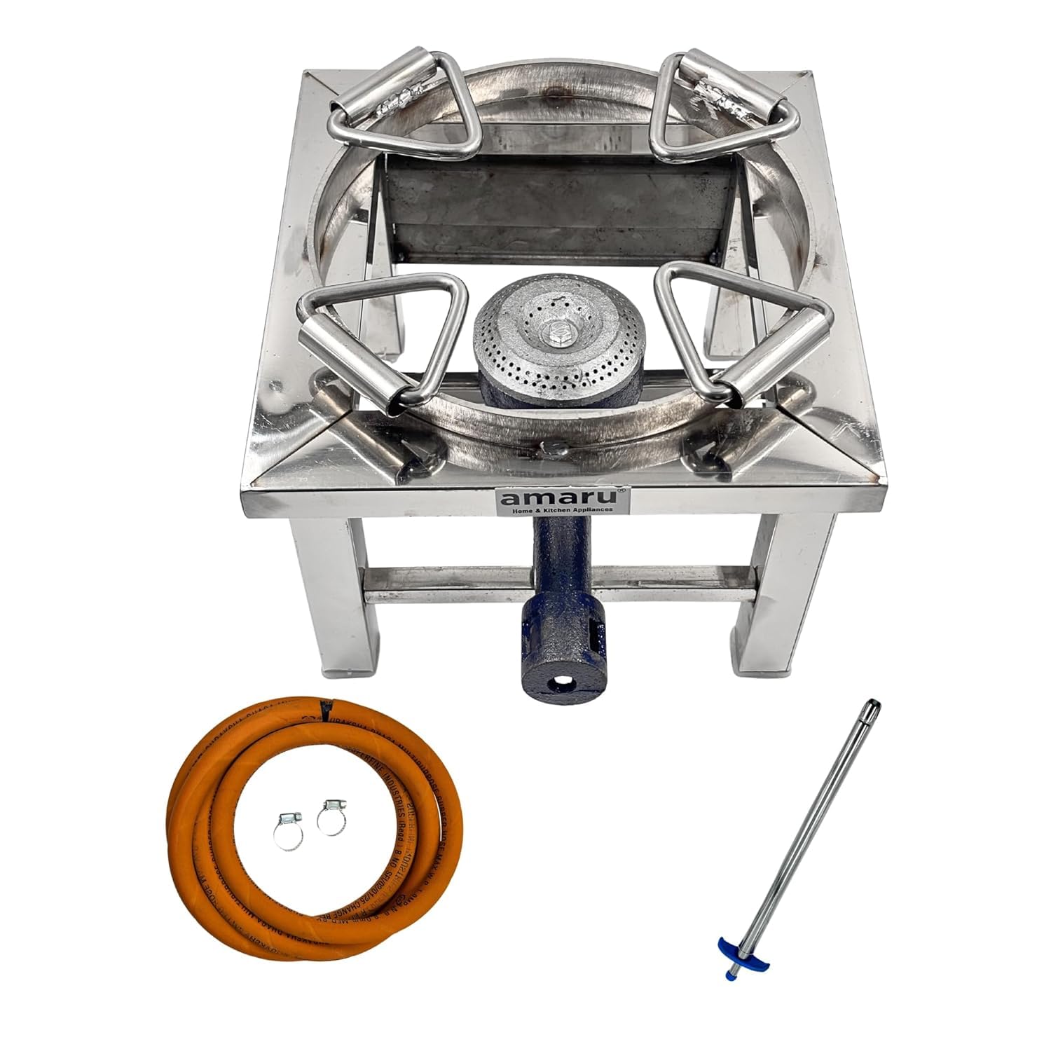 Amaru Single Burner Stainless Steel Square Round Ring Chulha Canteen Bhatti Commercial Gas Stove - Multi Colour, Manual (Small-10Wx10Lx8H)