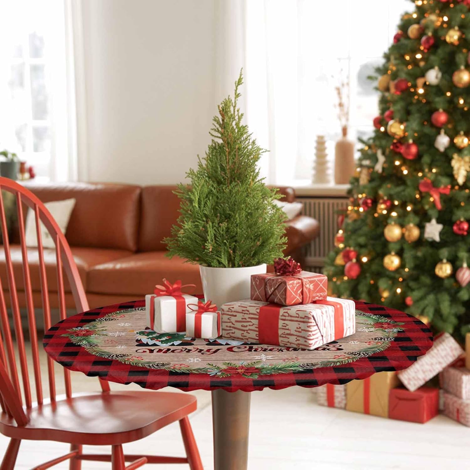 Christmas Gnome Round Fitted Tablecloth with Elastic Edge,Black Red Buffalo Plaid Waterproof Table Cloth,Xmas Tree Snowflake Poinsettia Circle Table Cover for Party Holiday Picnic Dining Room 36"-44"