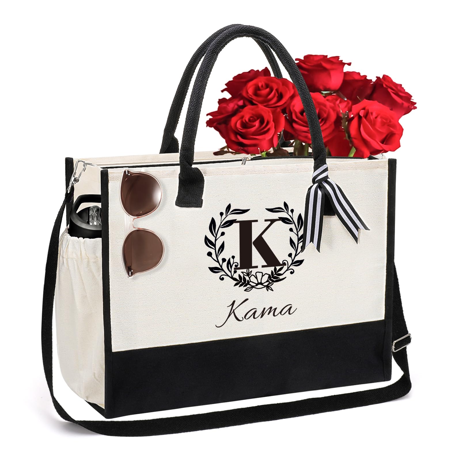 TEAYASON Personalised Initial Canvas Tote Bag, Custom Name Present Bag for Wedding, Birthday, Beach, Holiday, Monogrammed Gift Tote Bag for Women, Mom, Teachers, Friends, Bridesmaids