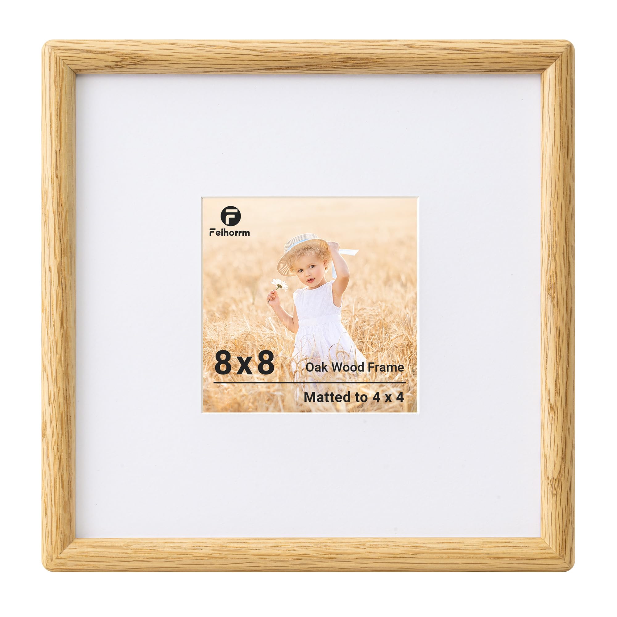 Feihorrm 8x8 Photo Frame, Oak Solid Wood Picture Frames, 20x20 Square Frames, 8x8 Frame Matted to 4x4 Photos, Handcrafted Rounded Corners with HD Tempered Glass, Tabletop & Wall Mount Display