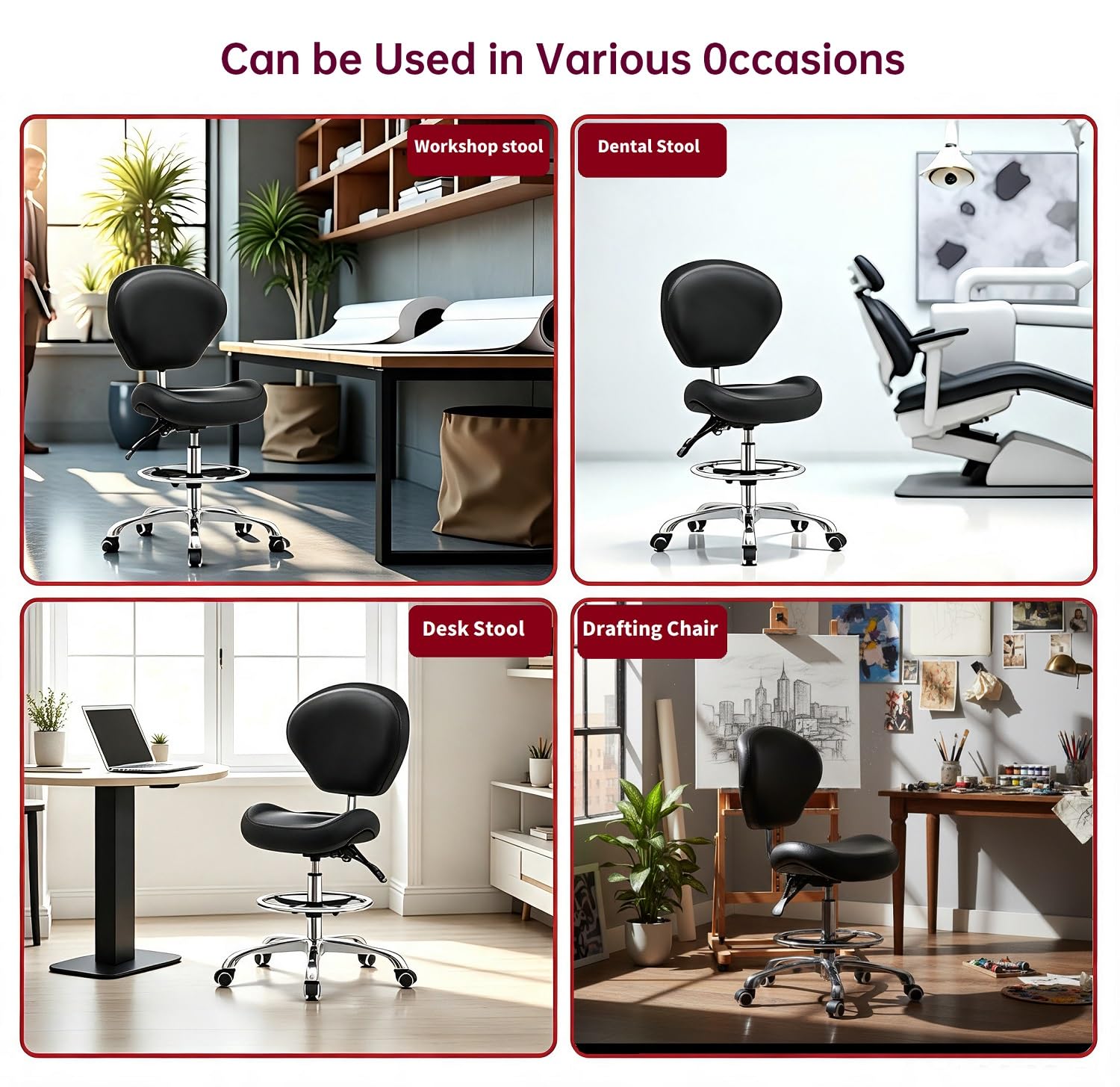 Kaleurrier Verstellbare Hocker, Zeichenstuhl mit Rückenlehne und Fußstütze, neigbar, Peneumatische Hubhöhe, Drehsitz, Rollrollen, für Studio, Zahnarzt, Büro, Salon und Theke(schwarz)