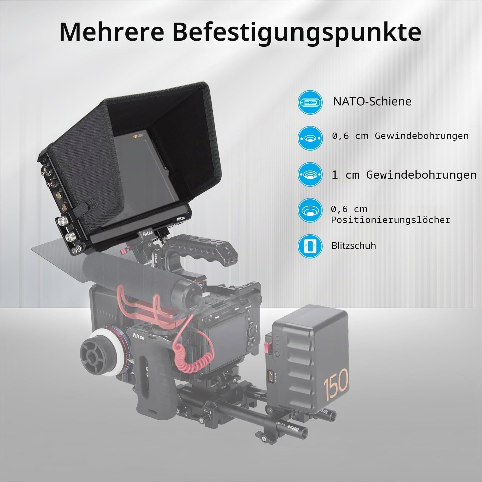 Nitze Cage für Blackmagic Design Video Assist 7" 12G-SDI/HDMI HDR Aufnahmemonitor mit Sonnenblende, HDMI Kabelklemme und USB-C Kabelklemme – JT-B02B