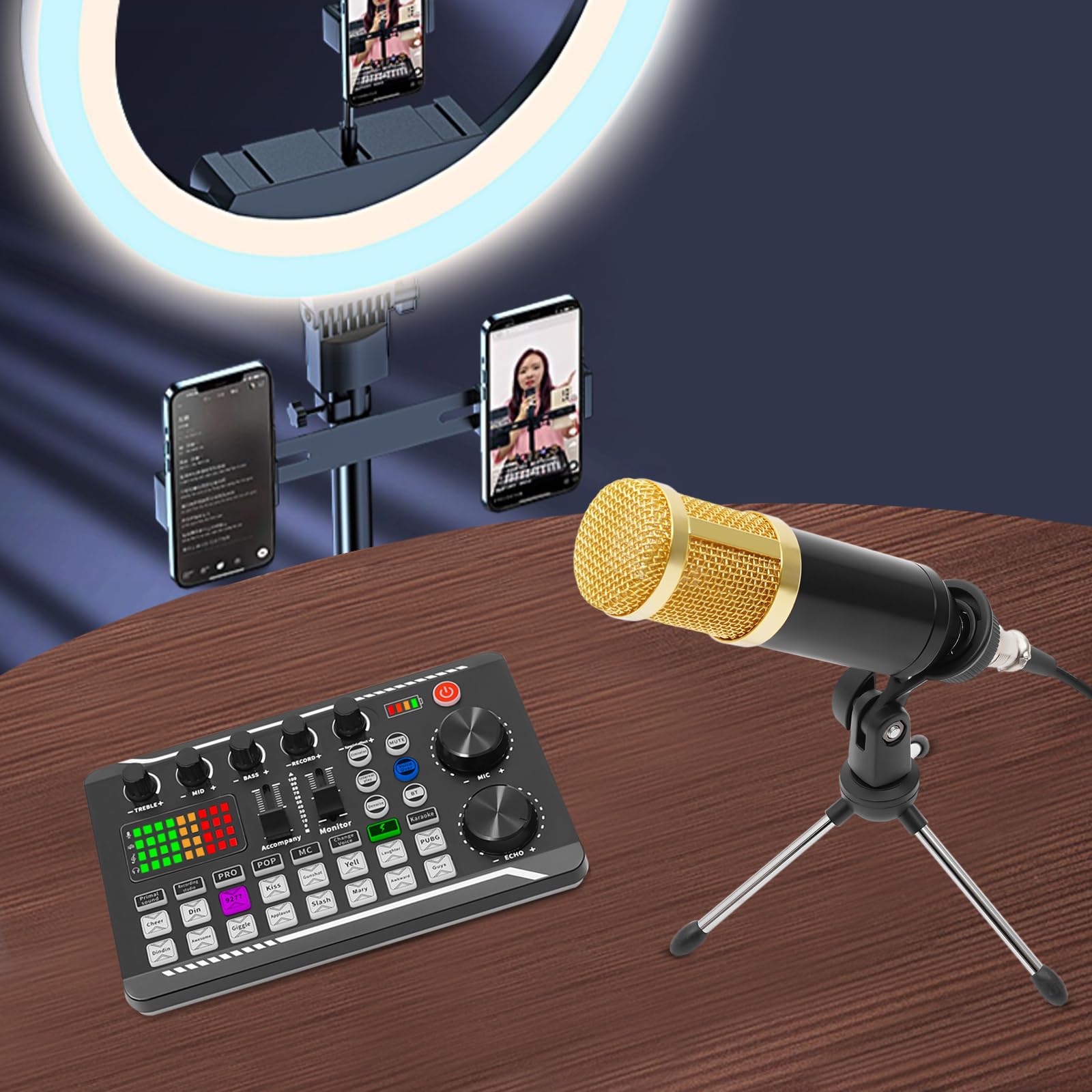 Podcast, set di microfono USB a rene, condensatore, microfono audio, mixer con scheda audio, mixer per streaming, podcasting, registrazione podcast per laptop, personal computer, smartphone