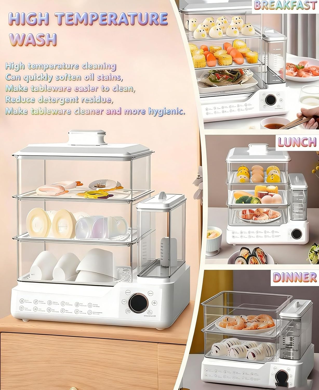 24L Electric Food Steamer 3 Tier Stainless Steel Commercial Steamer, Large Capacity Breakfast Machine with Detachable Water Tank and Timer, for Home Restaurant Party White