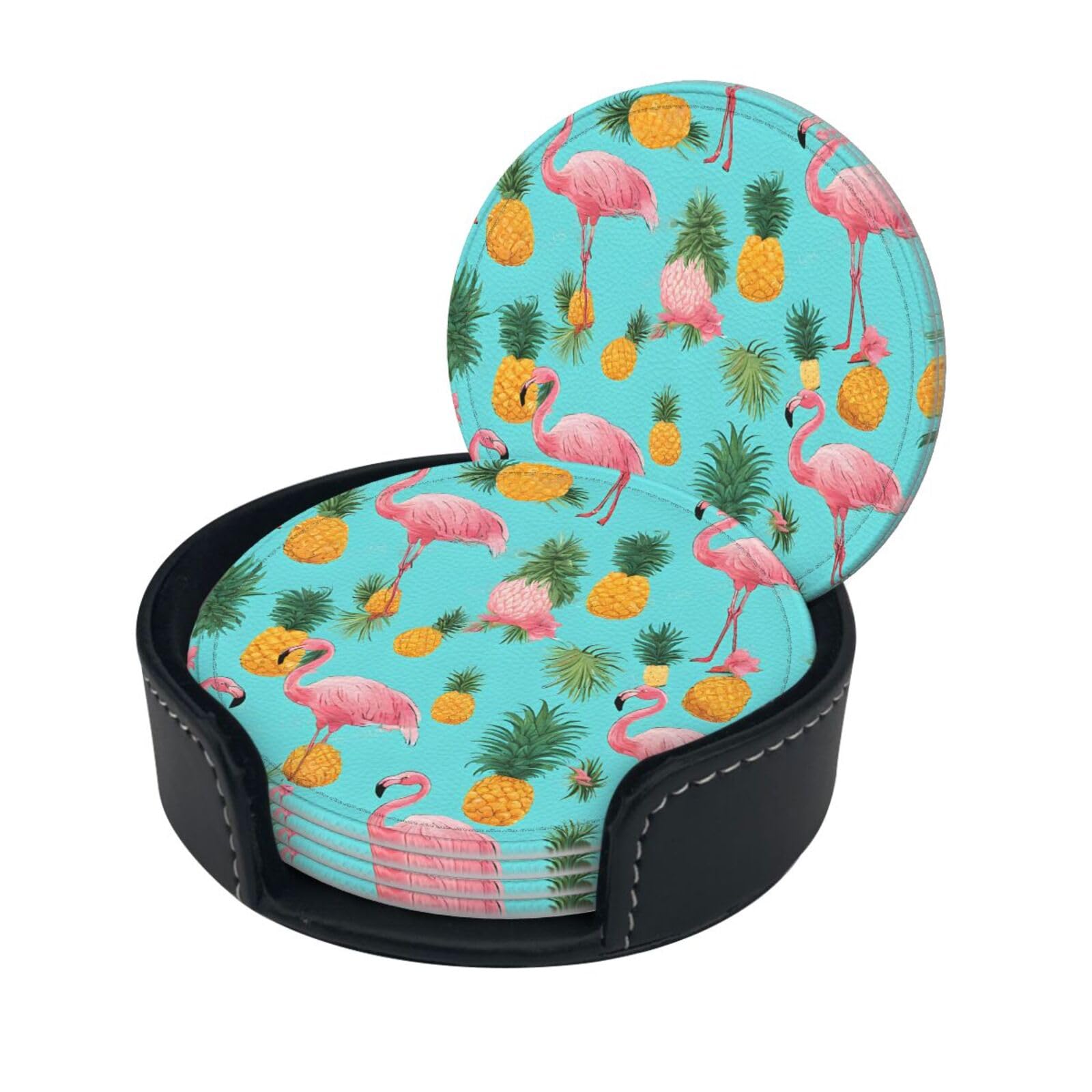 Flamingo Printed Print Coaster,Round Leather Coasters with Storage Box for Wine Mugs,Cold Drinks and Cups Tabletop Protection (6 Piece)