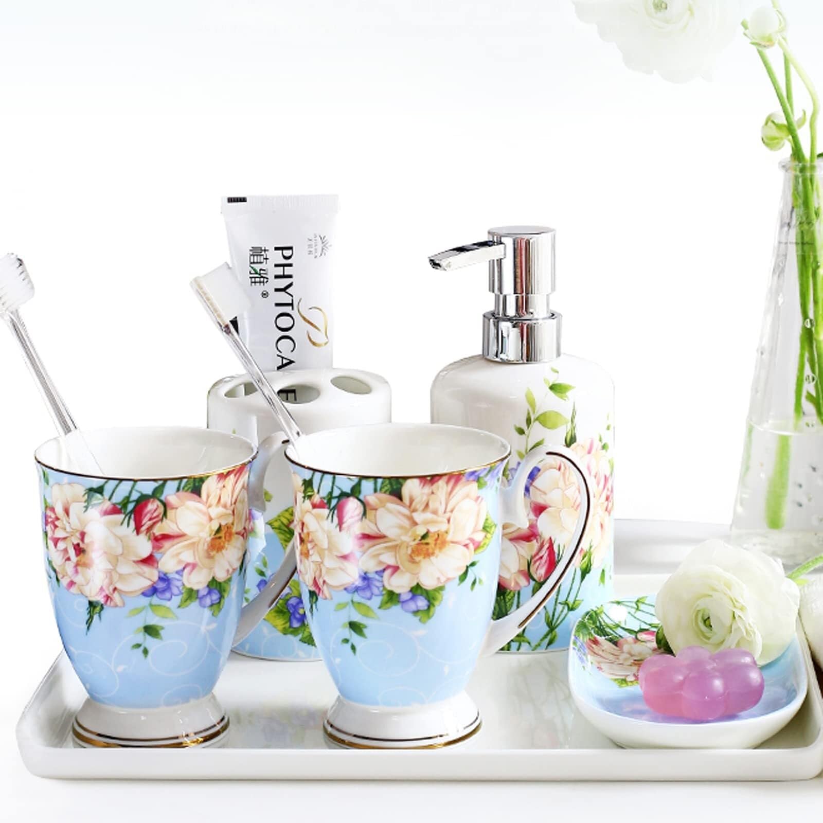 Zestaw akcesoriów łazienkowych 5-częściowy nowoczesny ceramiczny zestaw akcesoriów łazienkowych z dozownikiem mydła, uchwyt na szczoteczkę do zębów, naczynie 4 szt. antyczny wystrój (B)