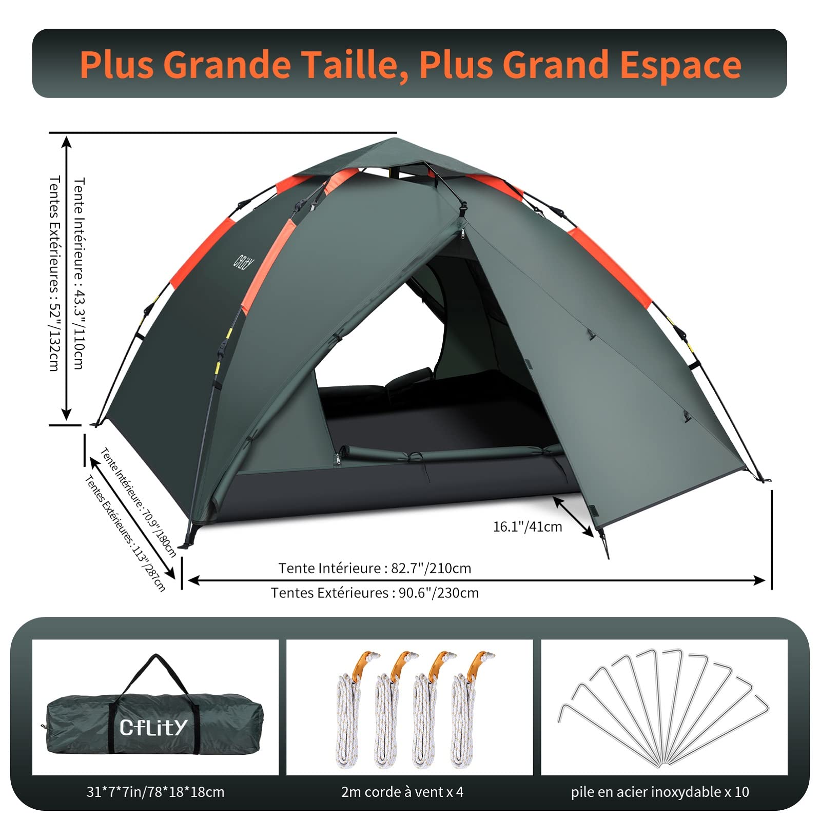 Cflity Tente de Camping, 3 Personnes Pop-up Légère Dôme Camping Tente, 4 Saison Imperméable 3 Couche Automatique Tente, Tente Sac à Dos avec 2 Porche Extensible pour Le Camping Randonnée