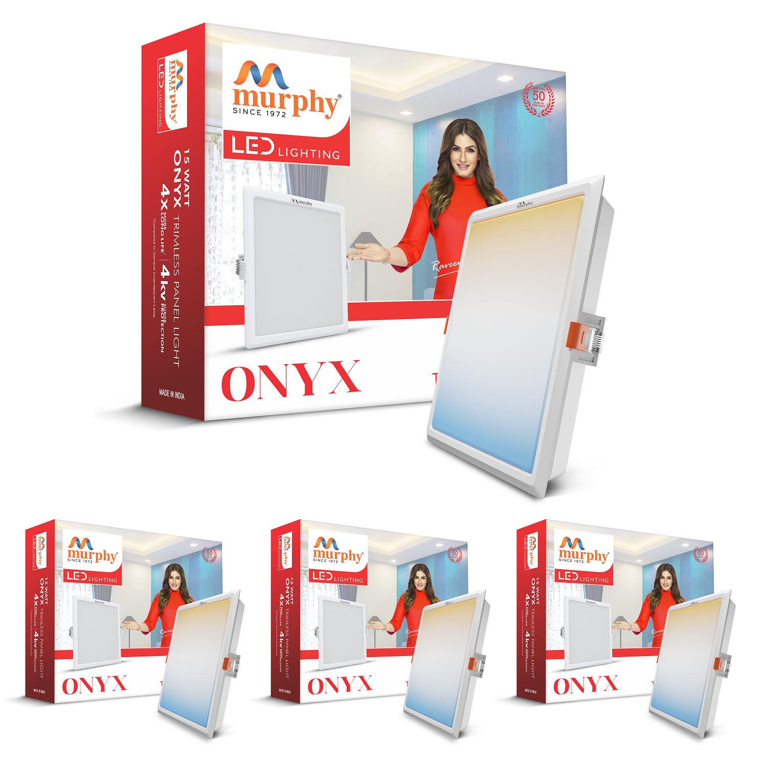 Murphy 15W Recessed Square Trimless LED Panel Light | 3-in-1 Colour Changing – Cool White/Neutral White/Warm White – Pack of 4