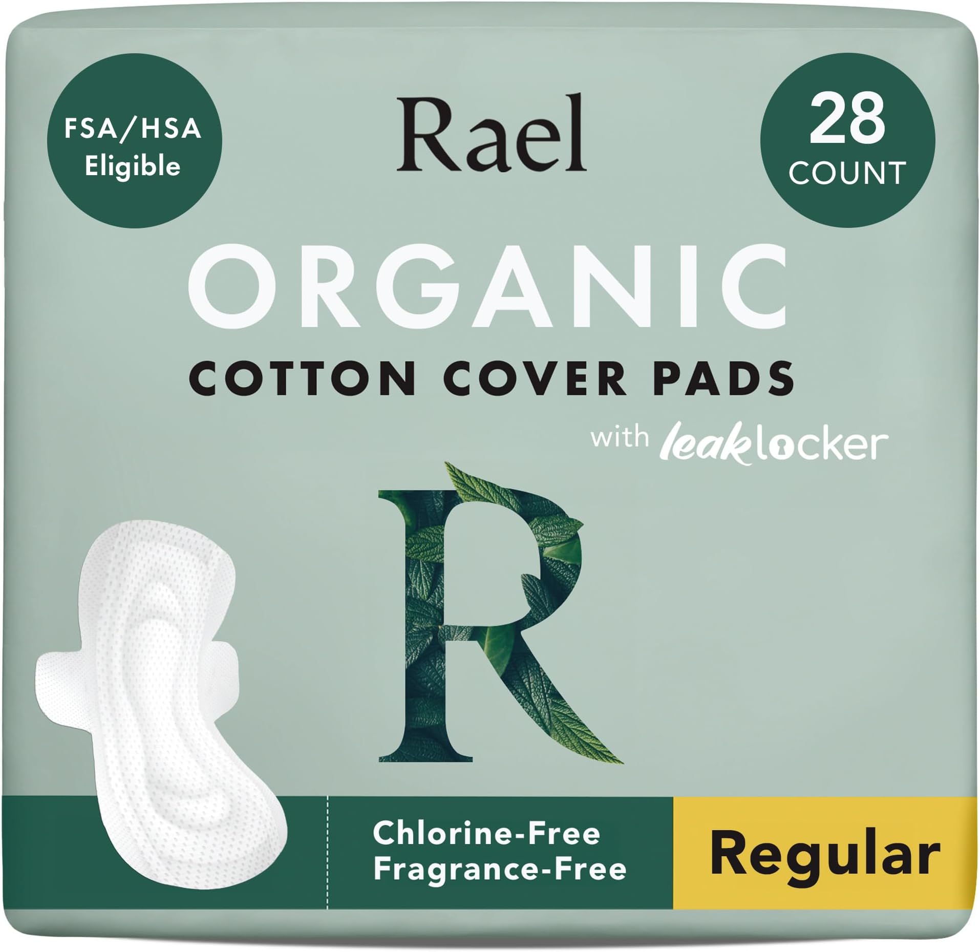 Rael Organic Cotton Cover Sanitary Towels - Regular Absorbency, Ultra Thin Period Pads with Wings for Women, Unscented, Hypoallergenic, Vegan (Regular, 28 Count)
