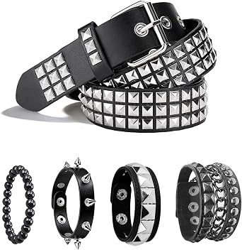 Y2K Belt and Studded Bracelets Set, Black Punk Studded Belts with Adjustable Emo Rock Cuff Bracelet, Spiked Bracelets Goth Grunge Rivet Accessories for Women Men