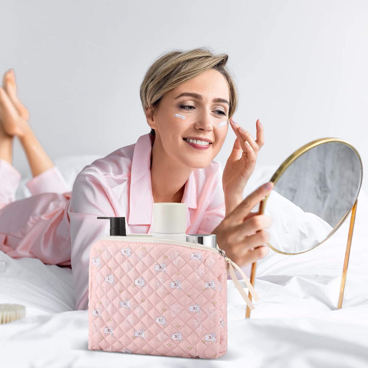 Sweetude 6 Pcs Quilted Makeup Bag Cotton Cosmetic Bag Cute Flower Aesthetic Large Floral Makeup Pouch Coquette Travel Toiletry Kawaii Stuff supplies for Women Girls - Image 6