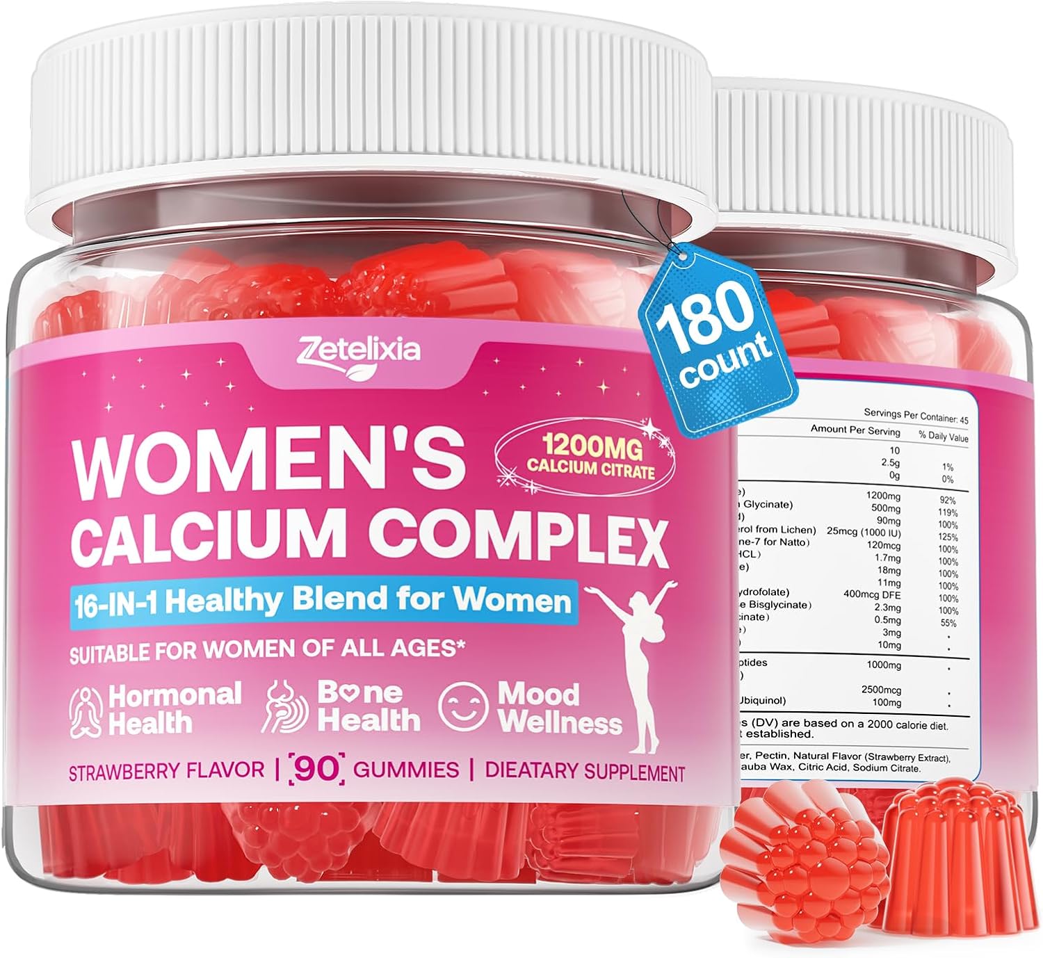 2 Pack Calcium Gummies for Women, Calcium Citrate 1200mg with Vitamin D3 K2, Collagen & Biotin, B0ne, Teeth, Immune & Hormone Support, Sugar Free, Non-GMO, Gluten-Free, Strawberry Flavor, 180 Count