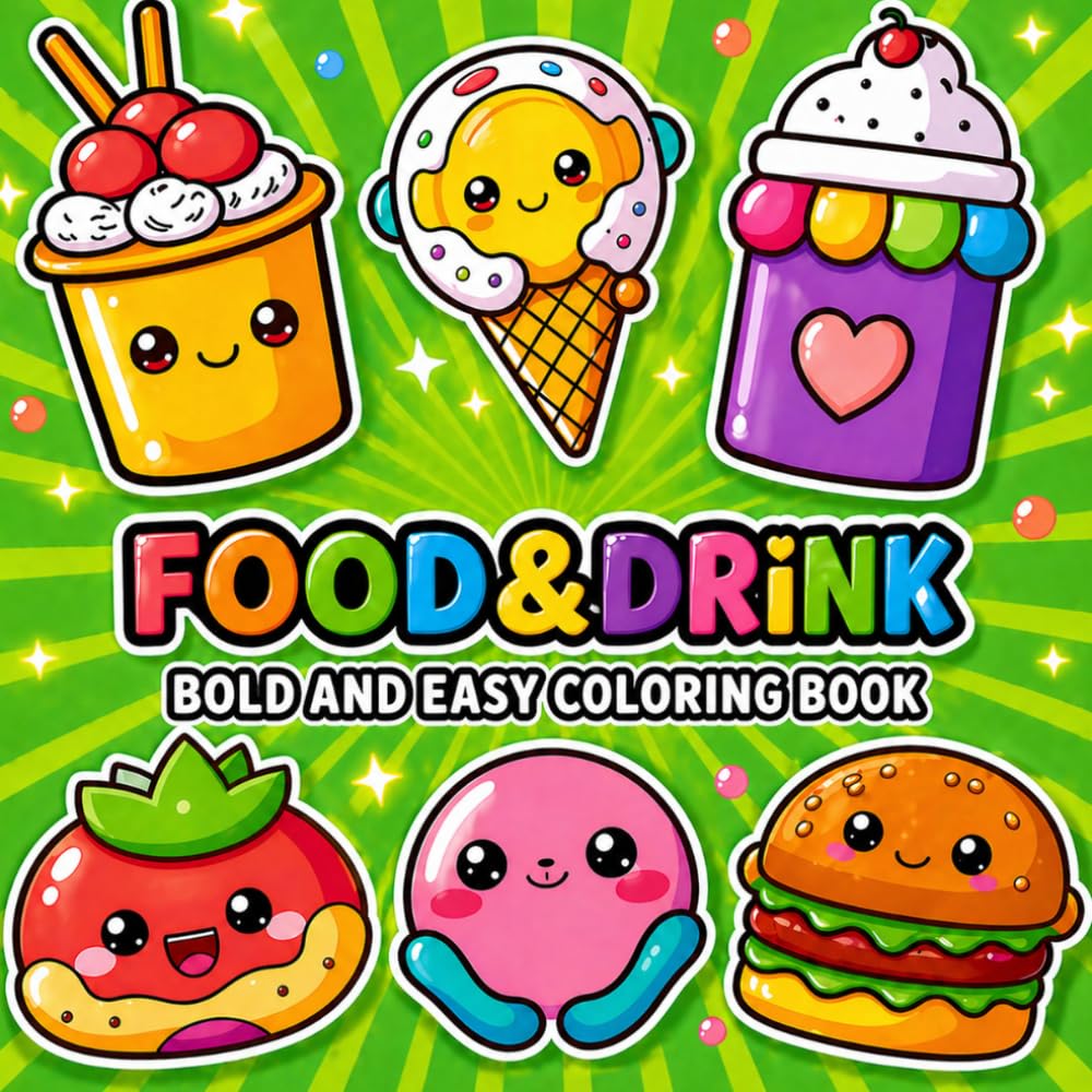Food and Drink: Bold and Easy Coloring Book for Adults and Kids with Simple Big Cute Kawaii Designs for Relaxation Featuring a Variety of Sweet Treats and Dessert Themes