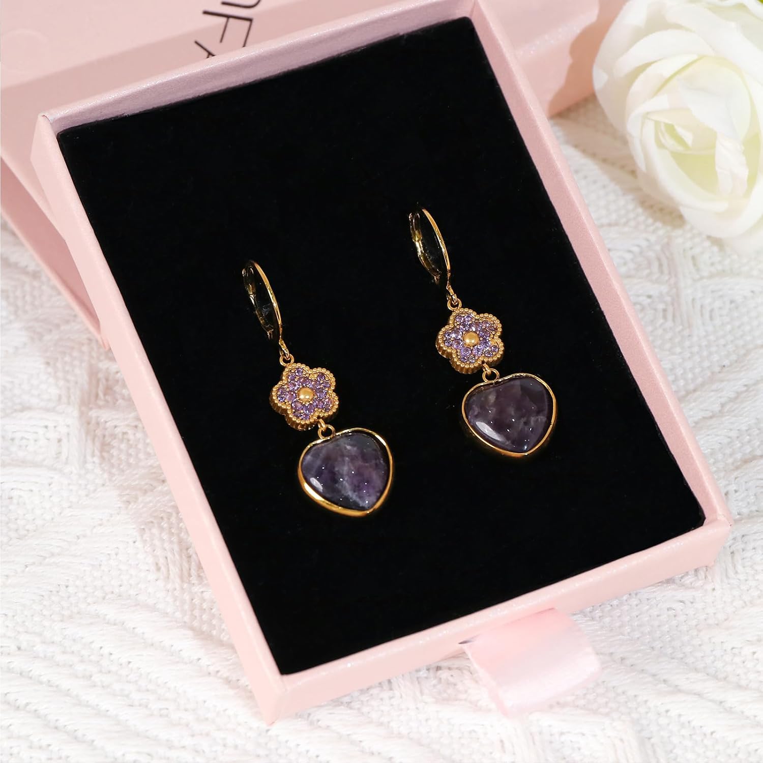 AmethystHeart Earrings Dangle Hoop Earrings for Women 18K Gold Plated Trendy Cubic Zirconia Bling Jewelry Hypoallergenic - Image 7