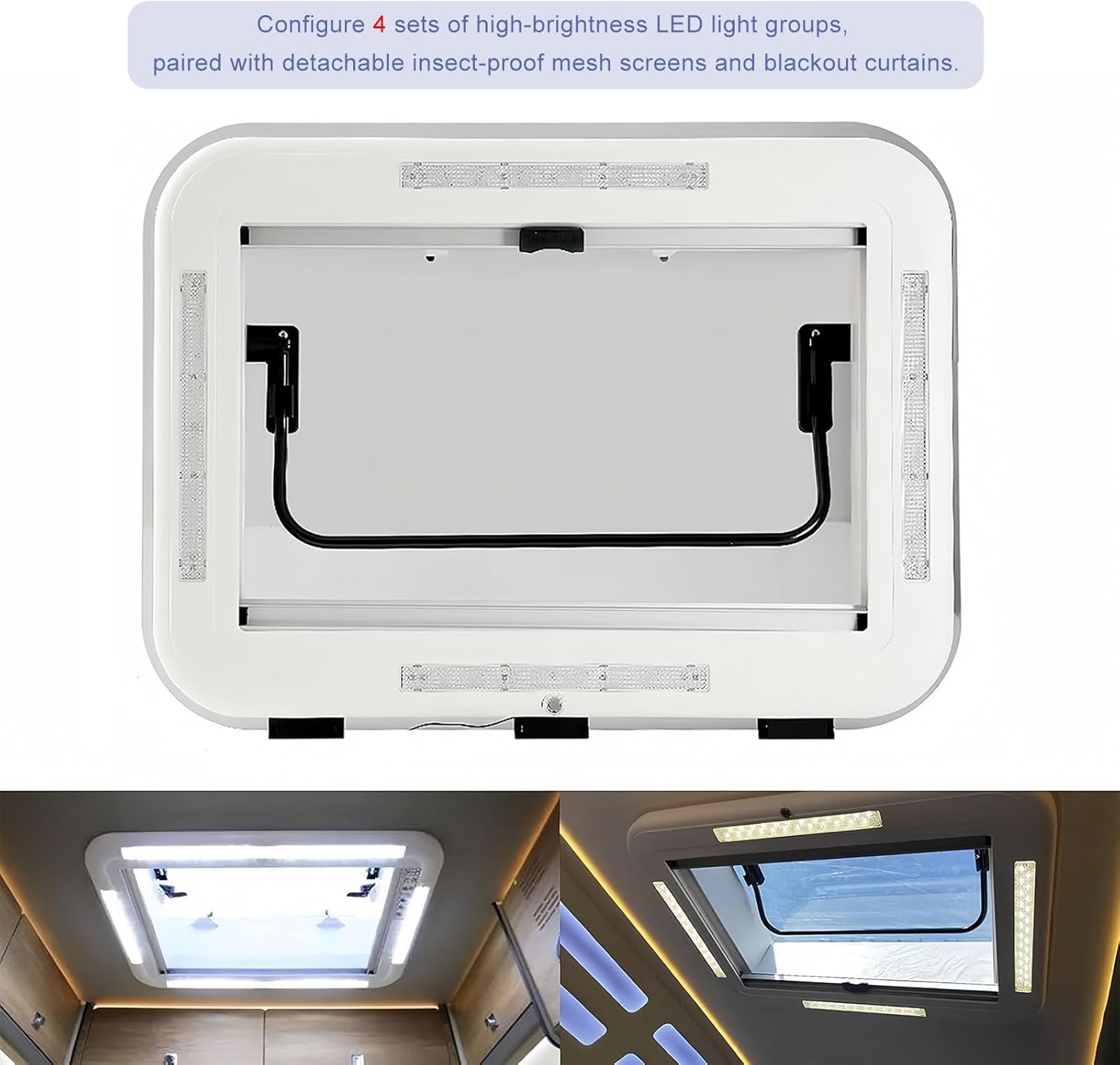Universal RV Roof Vent Kit with LED Lights, Large 500x500mm Skylight for Caravan & Camper, Sunshade & Nets Included, Ideal for Motorhome & Trailer Modification