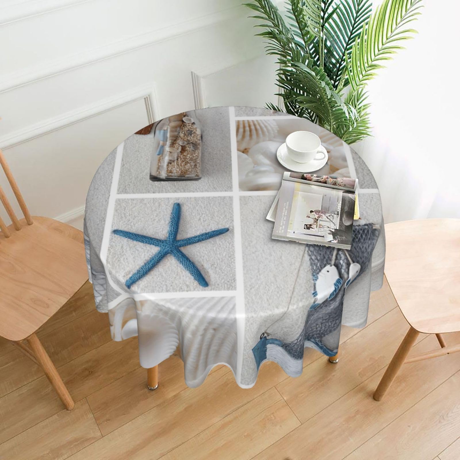 SDEGTHO Starfish and Lighthouse Print Modern Retro Round Tablecloth 60in Polyester Fabric Cover for Party Dining Table Washable