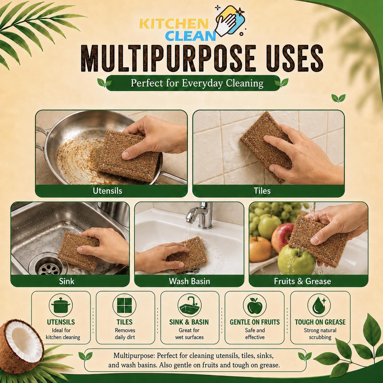 Kitchen Clean Coconut Scrub Pad, Brown, (Small, 3x4 inch, Pack of 10) 2