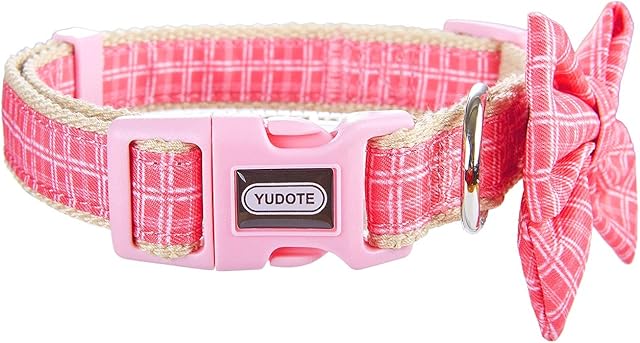 YUDOTE Natural Cotton Dog Collar Soft Lightweight with Plaid Ribbon and Removeable Bow-tie for Small Dogs Neck 25-38cm,Rose Pink