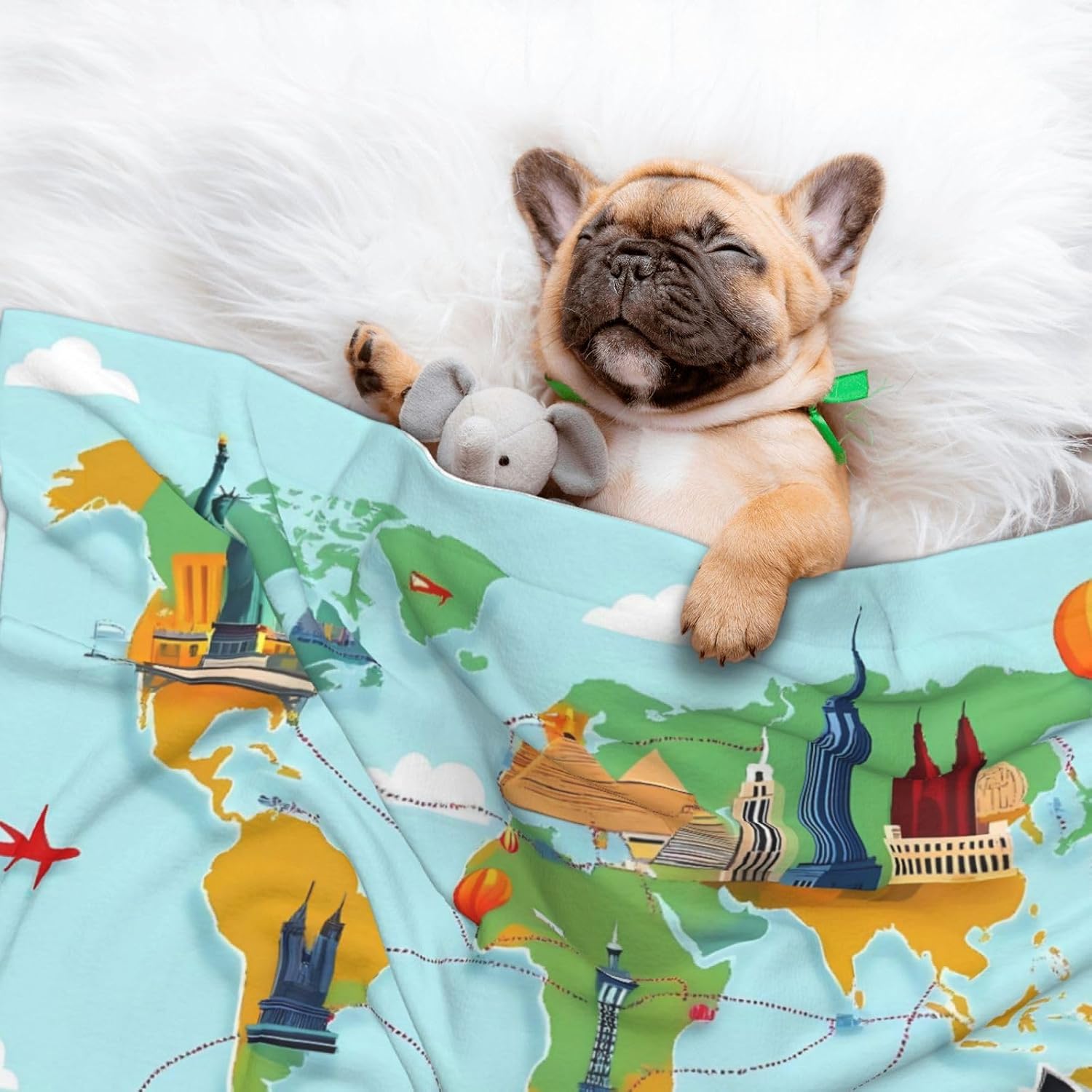 World Travel Map Print Soft Plush Pet Blanket, Washable Dog Blanket, Cat Fleece Throw, Puppy Bed Crate Mat & Sofa Couch Protector - Large