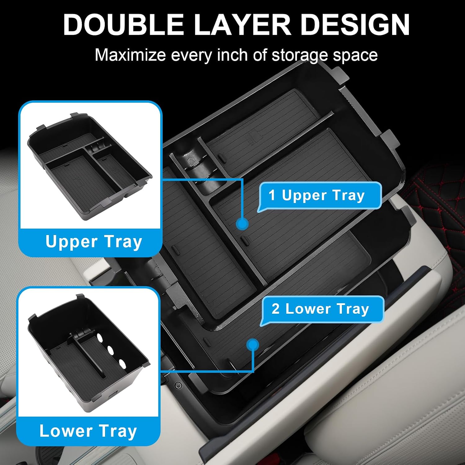 Double Layer Center Console Organizer for 2026 Hyundai Palisade Calligraphy (Fits 7-Seater with Dual-Opening Armrest Lid ONLY), Armrest Storage Box Insert Tray Interior Accessories