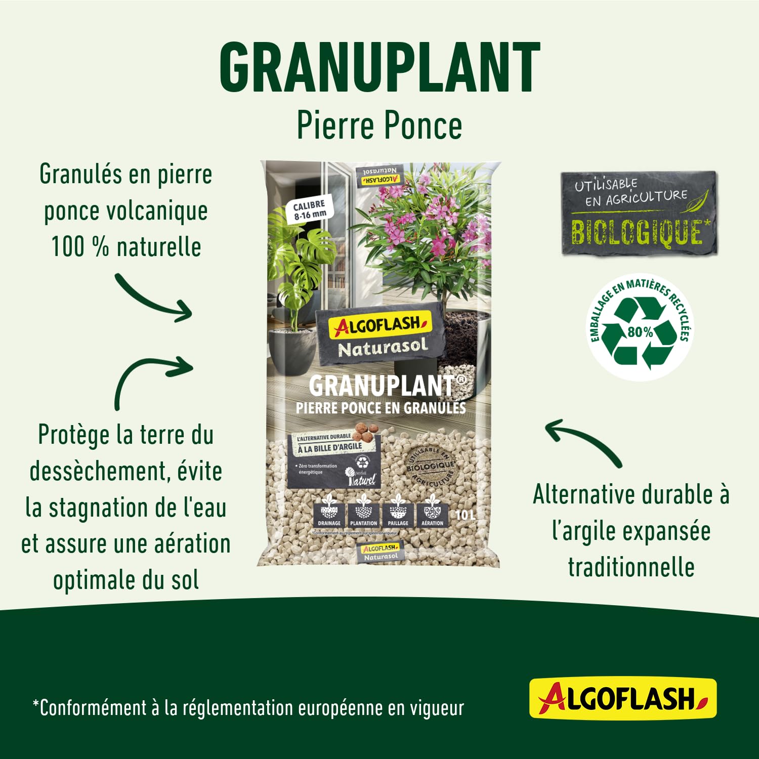 Algoflash Naturasol Granulado de drenaje y plantación – Piedra pómez 100% natural – Alternativa duradera a la bola de arcilla – 10 l