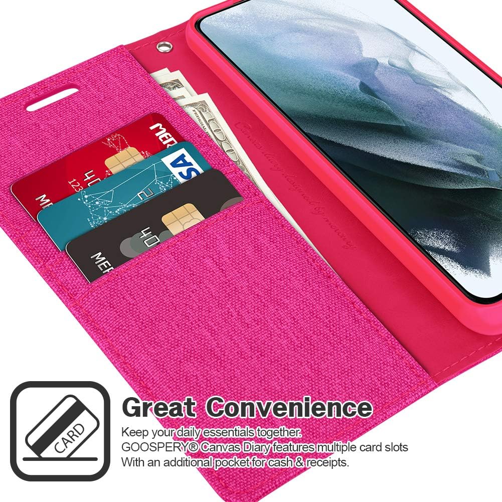 GOOSPERY Canvas Wallet Case Designed for Galaxy S21 Case (2021) with Card Holder [3 Slots], Denim Stand Flip Cover - Hot Pink