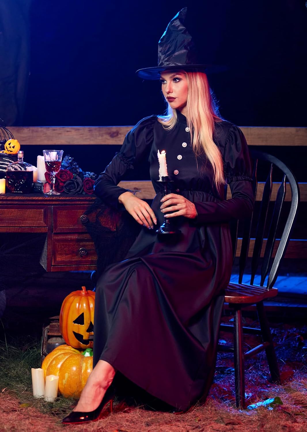 Clarisbelle Women Halloween Gothic Cosplay Wizad Elpheba Cool Adult Costume Maxi Wicked Witch Evil Sorceress Outfit Black M - Image 3