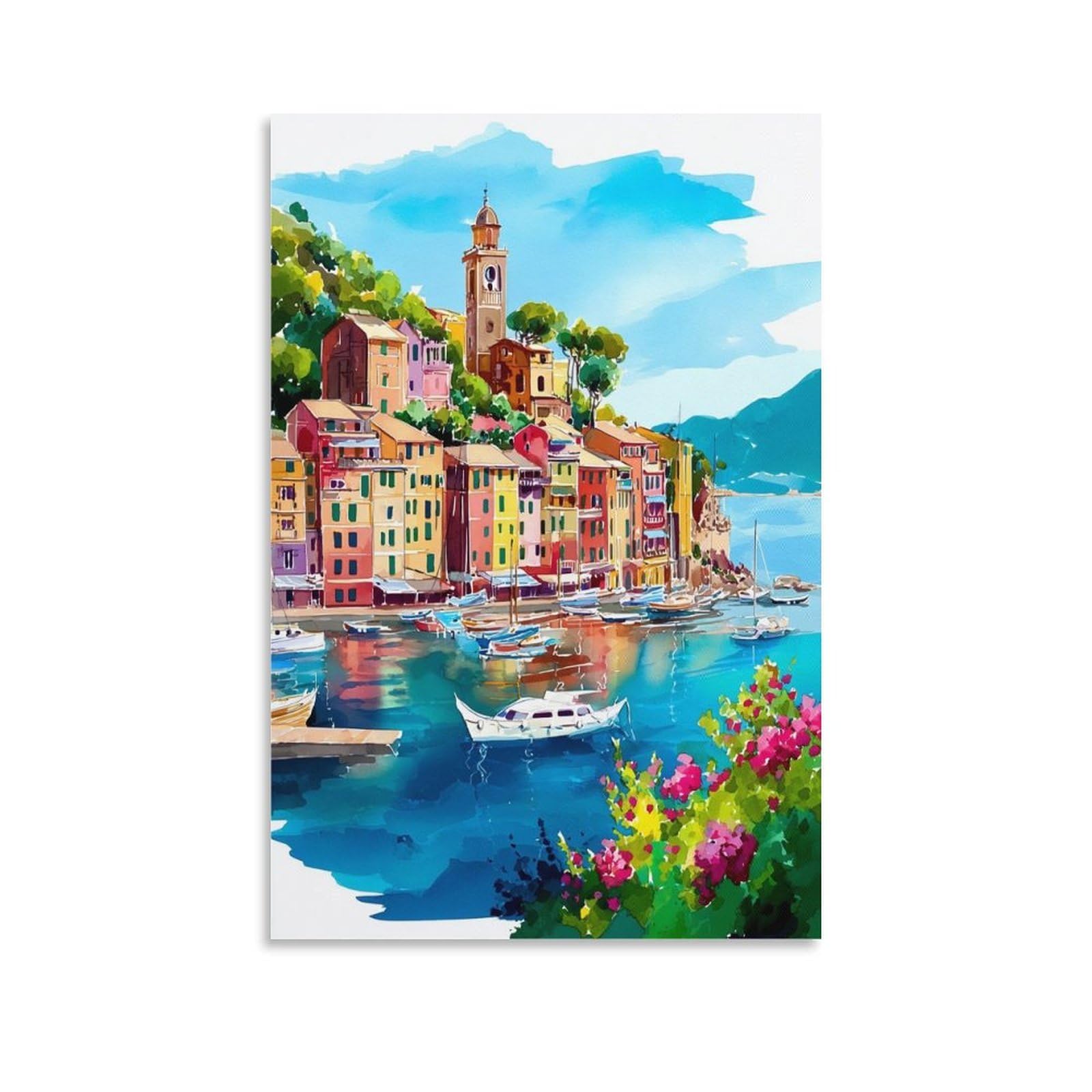 Portofino Italy 08x12inch(20x30cm) Vintage Watercolor Canvas Wall Art