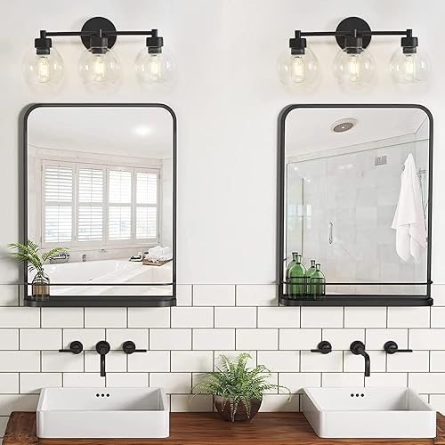 Miniatura 8 de Lámparas de baño, 2 luces negras y doradas, luces de baño sobre espejo con pantalla de vidrio y base de metal, luces de tocador para baño,