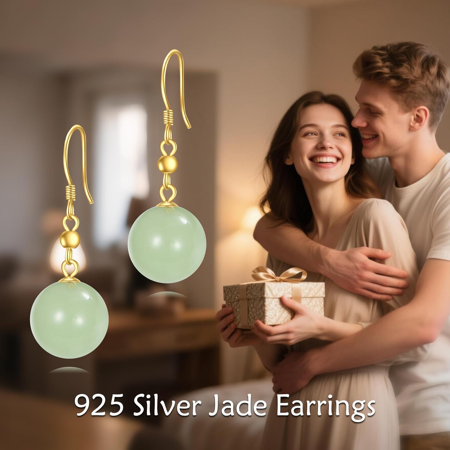 18kt Gold Over Sterling Silver Jade/Moonstone Dangle Earrings 10mm Round Bead Jewelry For Women Female Gifts