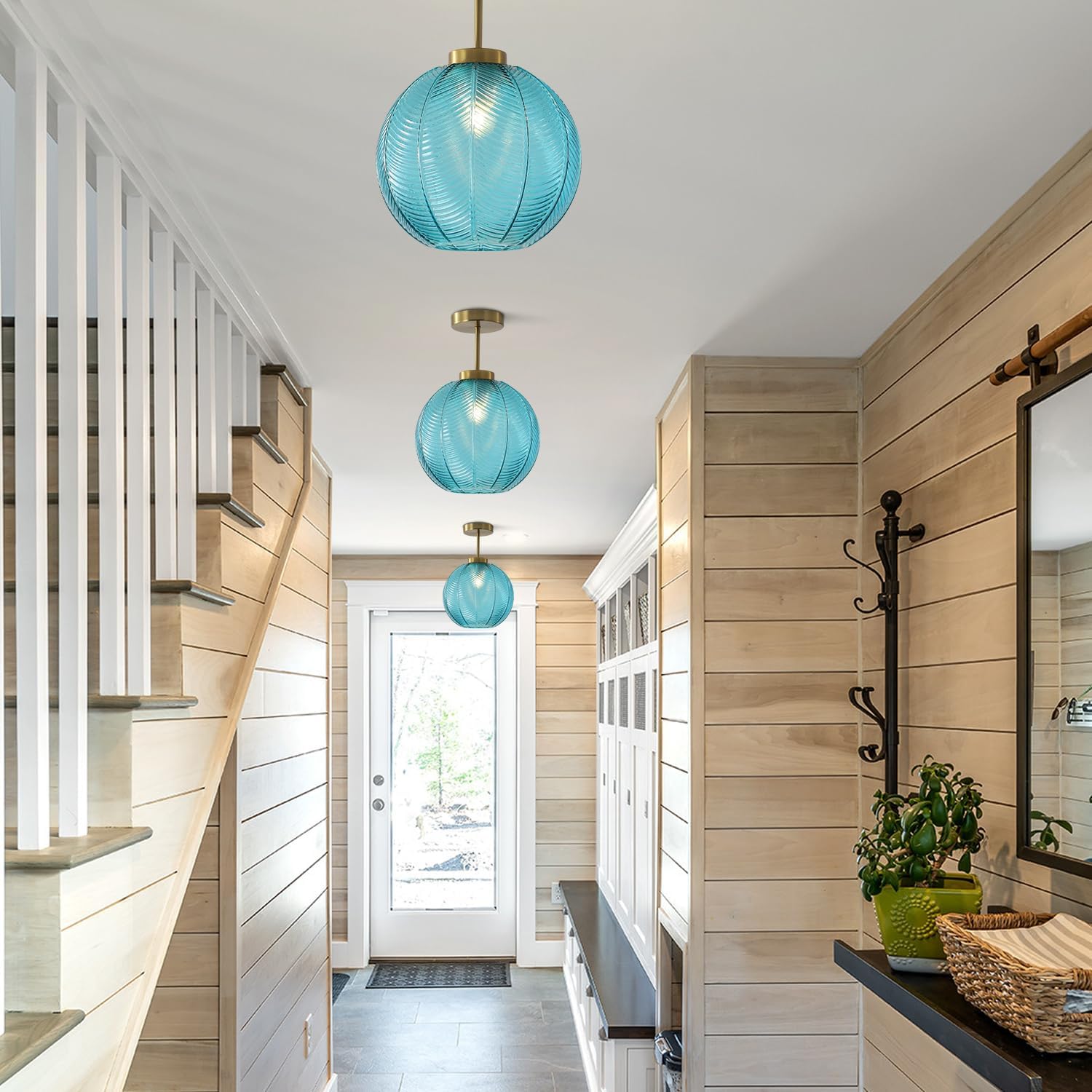 KCO Lighting Large Blue Flush Mount Ceiling Light Vintage Ribbed Glass Ceiling Lights Fixtures Brushed Gold Semi Flush Mount Ceiling Lamp Industrial Porch Ceiling Light Fixture