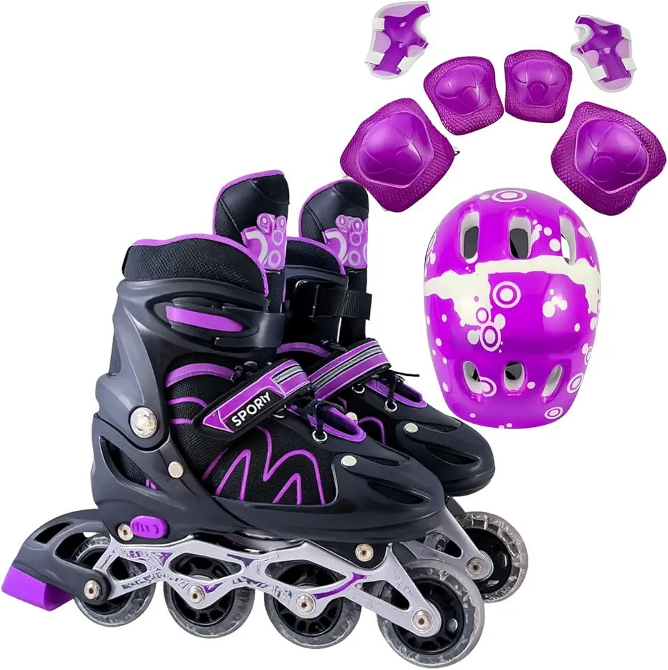 Patins Roller Inline 4 Rodas Skates Ajustavél com Roda Iluminada Jovens e Adultos, Para iniciantes, Uso Interno e Externo + Kit Completo com Capacete e Proteções
