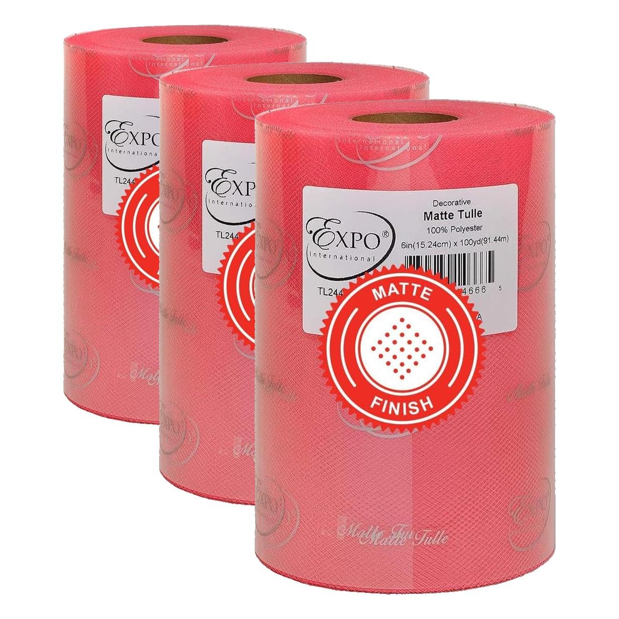 Expo International Decorative Matte Tulle, Roll/Spool of 6 Inches X 100 Yards, Polyester-Made Tulle Fabric, Matte Finish, Lightweight, Versatile, Washable, Easy-to-Use ; Coral (Pack of 3)