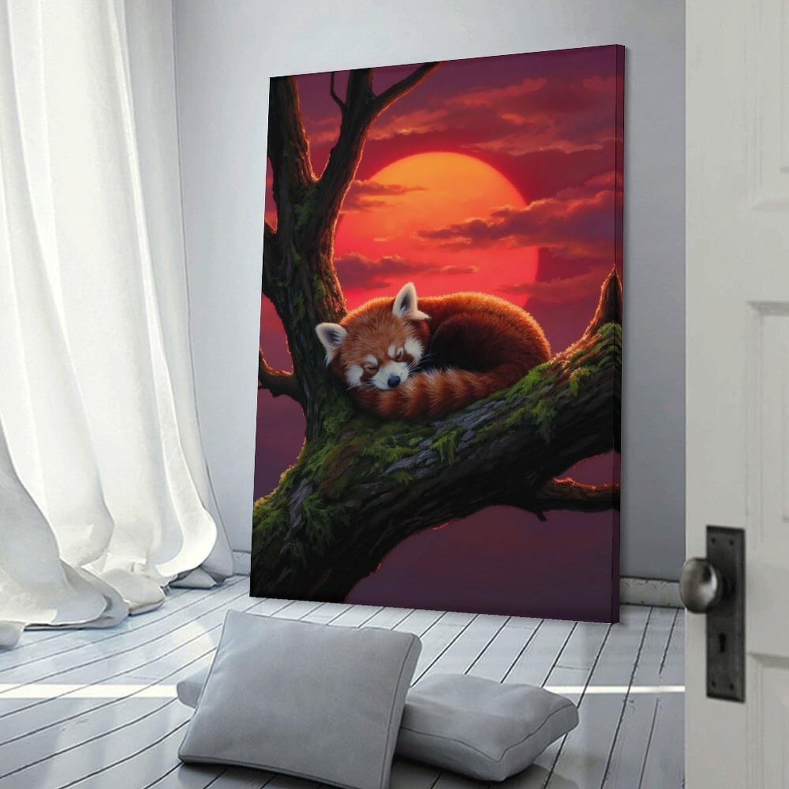 Junmoney Sleeping Red Panda in Tree Wall Art Print 24x36inch(60x90cm), for Living Room, Bedroom Or Home Office, Thoughtful Wall Decor for Art Lovers