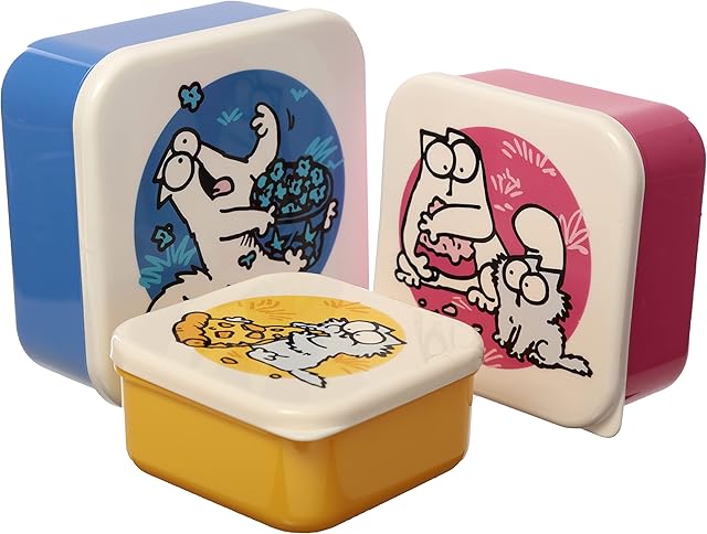 Puckator Simon's Cat Blue Red Yellow Reusable Lidded Snack Pot Lunch Box Set of 3, BPA PVC, Work School Travel Home, Medium 4.5x10x10cm Large 5.5x11.5x11.5cm Xlarge 6x13.5x13.5cm