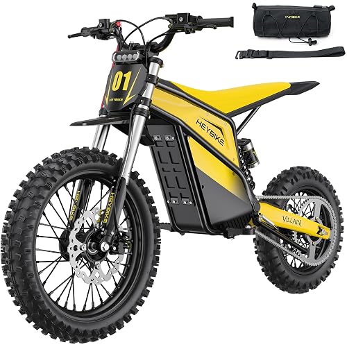 Heybike Villain Electric Dirt Bike, 4160W Motor 52V 26AH Battery, 45 MPH Top Speed, 50 Miles Range – 14"/12" Fat Tire Dirtbike with Hydraulic Brakes, Moped Style E-Bike for Off-Road（Daffodil Yellow）