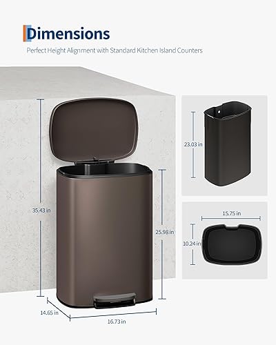 Miniatura 5 de Garvee Juego combinado de botes de basura de metal de 13 galones (50 L) y 2.6 galones (10 litros), bote de basura inoxidable con tapa, cubo de